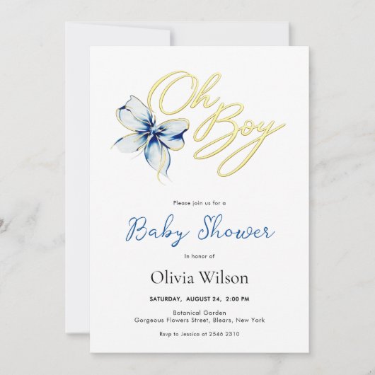 Blue & Gold “Oh Boy” Floral Typography Baby Shower Kaart (Voorkant)