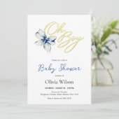 Blue & Gold “Oh Boy” Floral Typography Baby Shower Kaart (Staand voorkant)