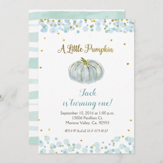 Blue Gold Onze pompoen draait één uitnodiging (Voorkant / Achterkant)