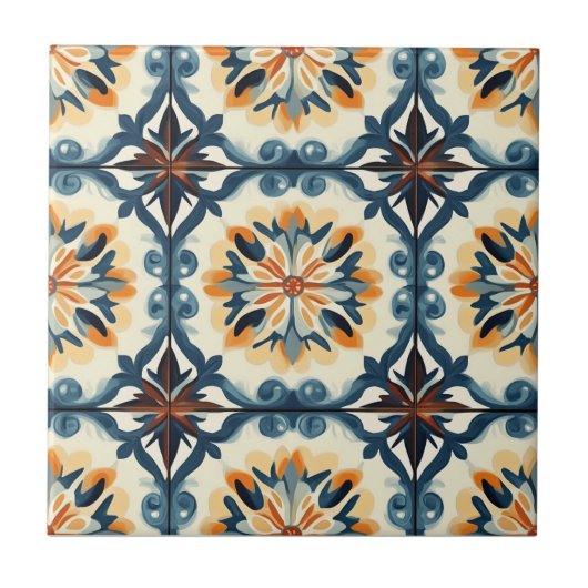 Blue Gold Orange and Brown Pattern Ceramic Tile Tegeltje (Voorkant)