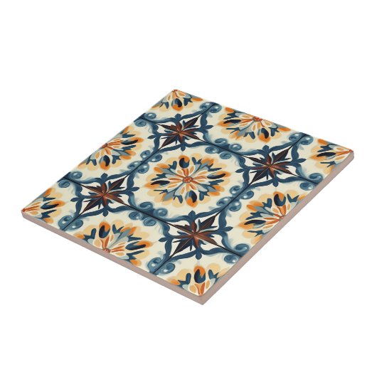 Blue Gold Orange and Brown Pattern Ceramic Tile Tegeltje (Zijkant)