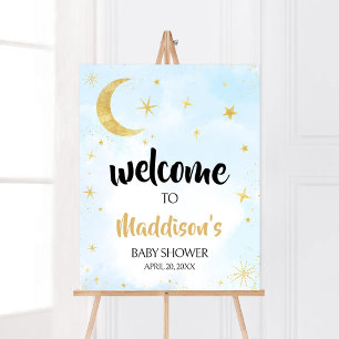 Blue Gold Over The Moon Baby shower Welkom Poster