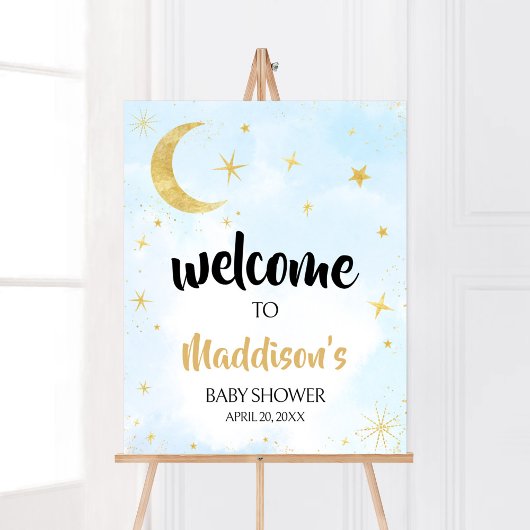Blue Gold Over The Moon Baby shower Welkom Poster
