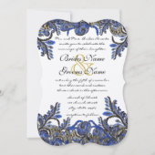 Blue & Gold Paisley Damask Wedding Invite Kaart (Voorkant)