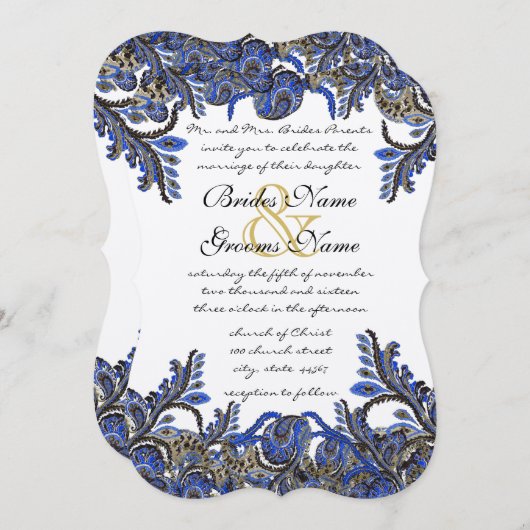 Blue & Gold Paisley Damask Wedding Invite Kaart (Voorkant / Achterkant)