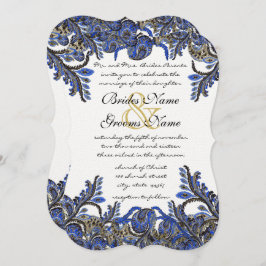 Blue & Gold Paisley Damask Wedding Invite Kaart