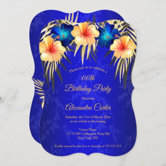 Blue Gold Palms Hibiscus Damask Birthday party Kaart (Voorkant / Achterkant)