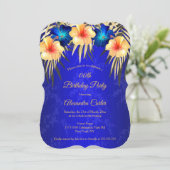 Blue Gold Palms Hibiscus Damask Birthday party Kaart (Staand voorkant)