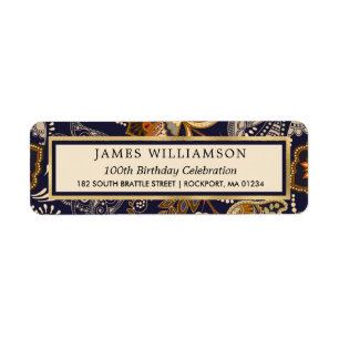 Blue Gold Pattern 100th Birthday Return Address Etiket