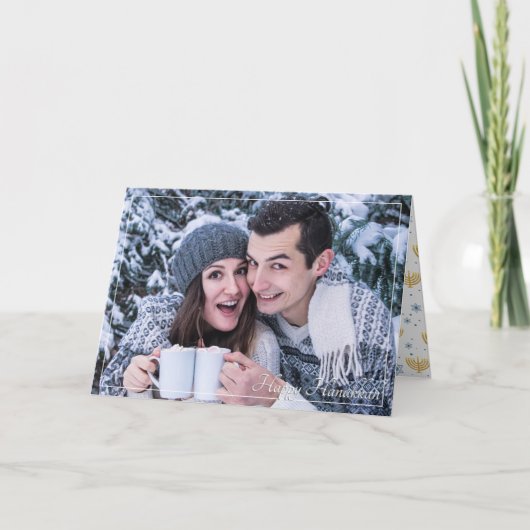 Blue & Gold Pattern Happy Hanukkah-fotokaart Feestdagen Kaart (Voorkant)