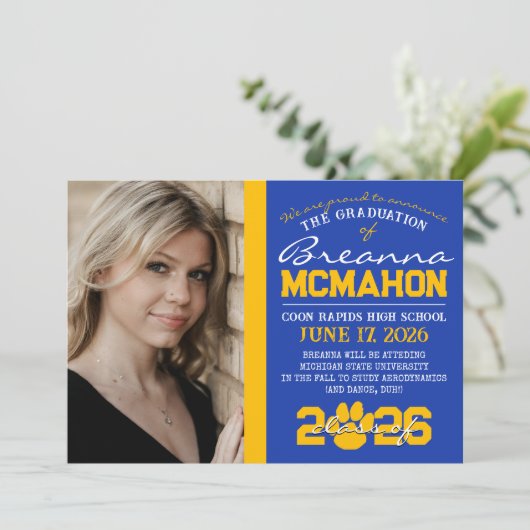 Blue & Gold Paw Afstuderen Aankondiging (Staand voorkant)