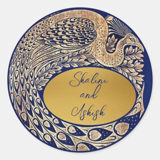 Blue Gold Peacock Art Nouveau bruiloft Sticker (Voorkant)