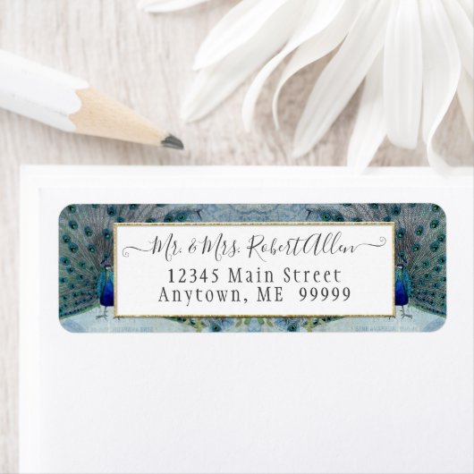 Blue Gold Peacock  Elegant Script Wedding Etiket (Insitu)