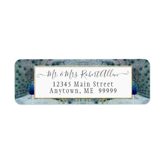 Blue Gold Peacock  Elegant Script Wedding Etiket (Voorkant)