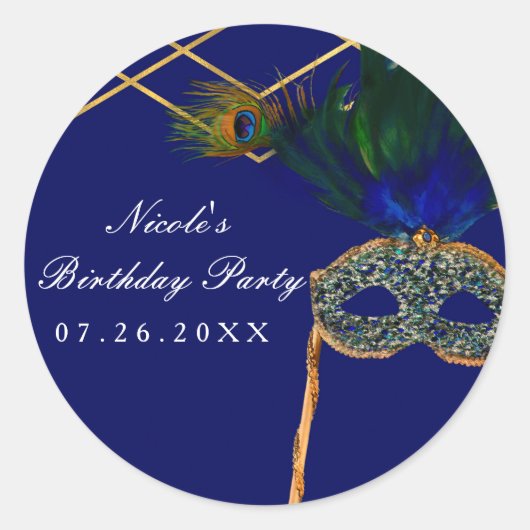 Blue & Gold Peacock Masquerade Party Custom Favor Ronde Sticker (Voorkant)