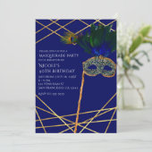 Blue & Gold Peacock Masquerade Party Uitnodigingen (Staand voorkant)