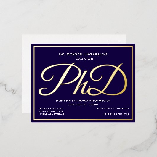 Blue Gold PhD-Afstuderen Folie Uitnodiging Briefkaart (Voorkant / Achterkant)