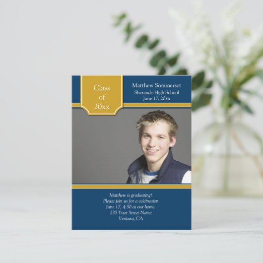 Blue Gold Photo Afstuderen Invitation Kaart (Staand voorkant)