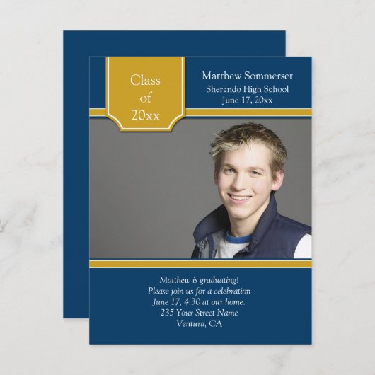 Blue Gold Photo Afstuderen Invitation Kaart (Voorkant / Achterkant)