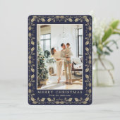 Blue Gold Photo Elegant Christmas Card Feestdagenkaart (Staand voorkant)