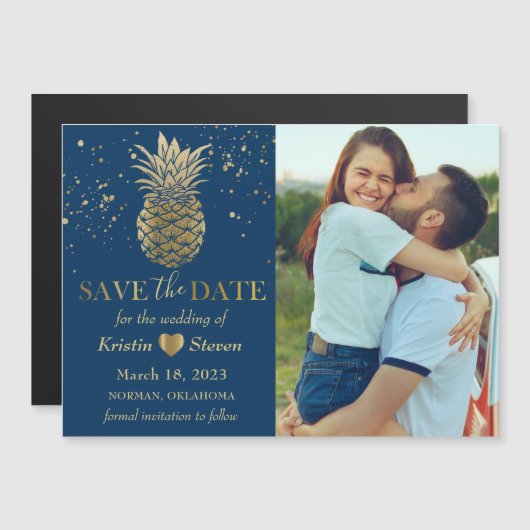 Blue Gold Pineapple Photo Save the Date Magnet (Voorkant / Achterkant)