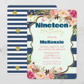 Blue Gold Pink Peony Girl 19e verjaardag Kaart (Voorkant / Achterkant)