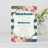 Blue Gold Pink Peony Girl 19e verjaardag Kaart (Staand voorkant)