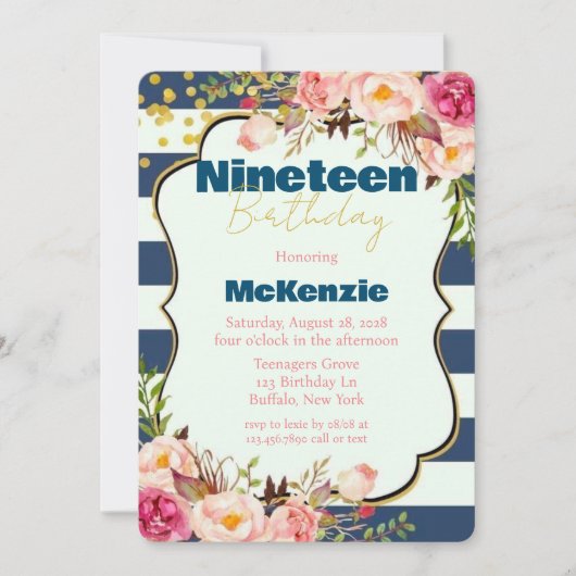 Blue Gold Pink Peony Girl 19e verjaardag Kaart (Voorkant)