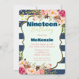 Blue Gold Pink Peony Girl 19e verjaardag Kaart