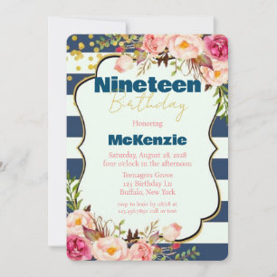 Blue Gold Pink Peony Girl 19e verjaardag Kaart