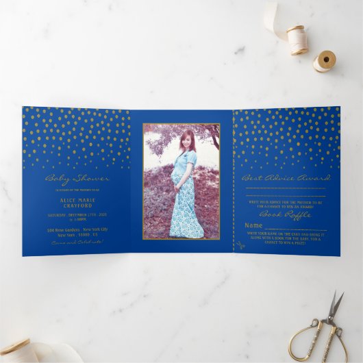 Blue & Gold Polka Dot, Baby shower Suite Drieluik Uitnodiging (Binnen)