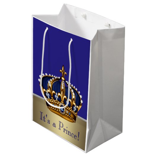 Blue Gold Prince Baby shower Medium Cadeauzakje (Voorkant Gekanteld)