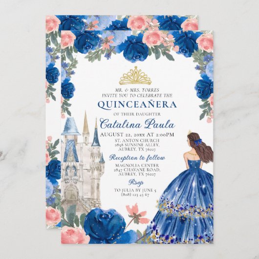 Blue Gold Princess Castle Quinceañera Uitnodiging (Voorkant / Achterkant)