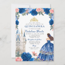 Blue Gold Princess Castle Quinceañera Uitnodiging
