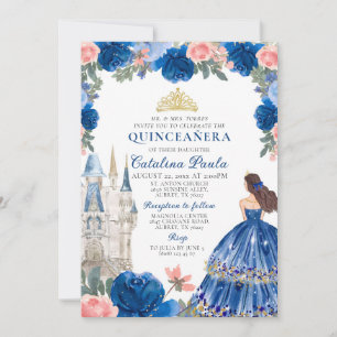 Blue Gold Princess Castle Quinceañera Uitnodiging