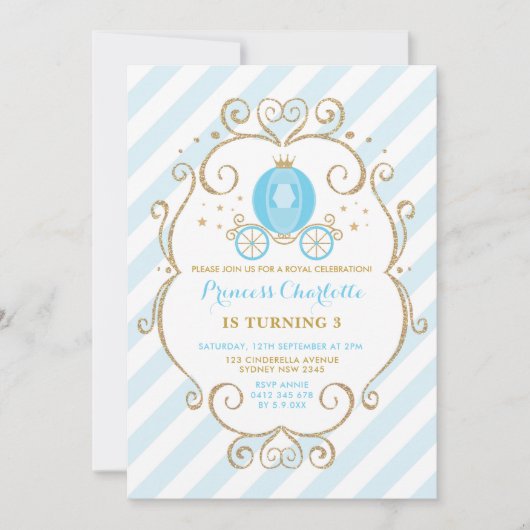 Blue Gold Princess Cinderella Carriage Birthday Kaart (Voorkant)