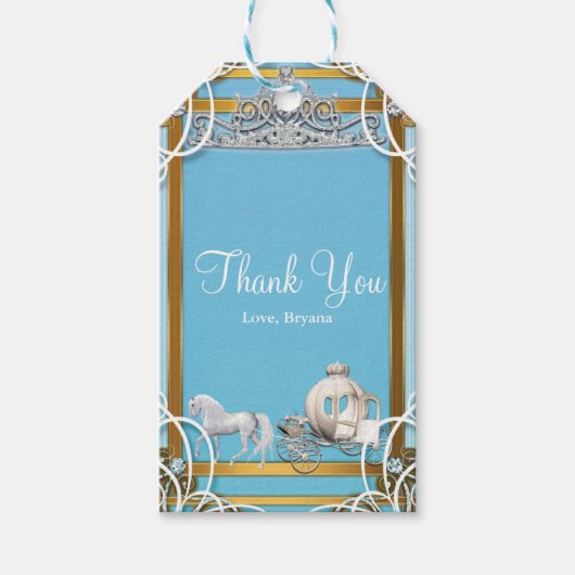 Blue Gold Princess Crown & Carriage Sweet 16 Party Cadeaulabel (Voorkant)