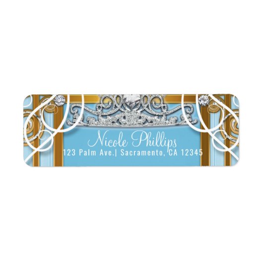 Blue Gold Princess Crown & Carriage Sweet 16 Party Etiket (Voorkant)