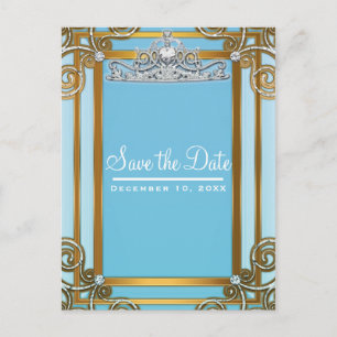 Blue & Gold Princess Crown Tiara Save the Date Aankondigingskaart