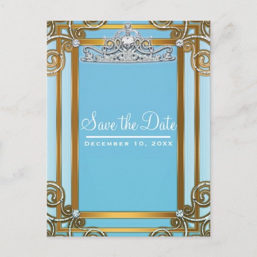 Blue & Gold Princess Kroon Tiara Save the Date Aankondigingskaart (Voorkant)