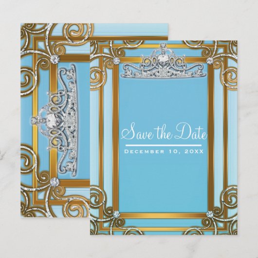 Blue & Gold Prinsessen Kroon Tiara Save the Date Aankondigingskaart (Voorkant / Achterkant)