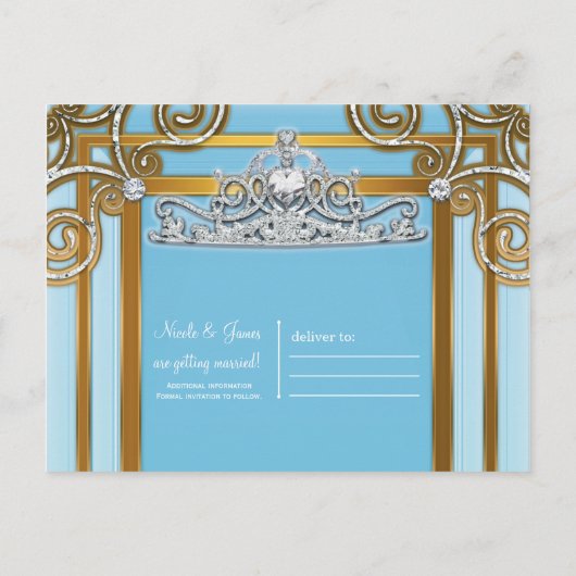 Blue & Gold Prinsessen Kroon Tiara Save the Date Aankondigingskaart (Achterkant)