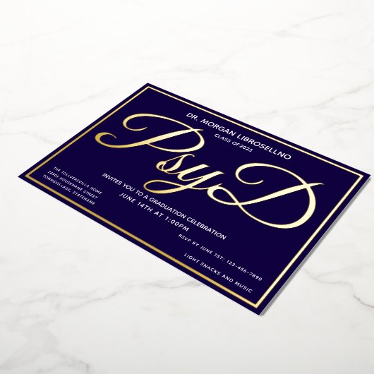 Blue Gold PsyD Afstuderen Folie Uitnodiging (Gedraaid)