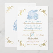 Blue & Gold Pumpkin Carriage Sweet 16 Party Kaart (Voorkant / Achterkant)