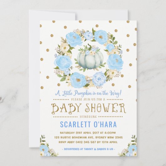Blue Gold Pumpkin Floral Boy Baby shower Kaart (Voorkant)