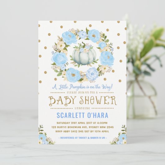 Blue Gold Pumpkin Floral Boy Baby shower Kaart (Staand voorkant)