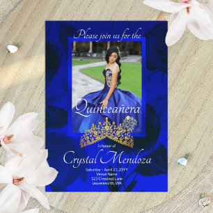Blue, Gold Quinceanera Rhinestone Tiara Invitation Kaart
