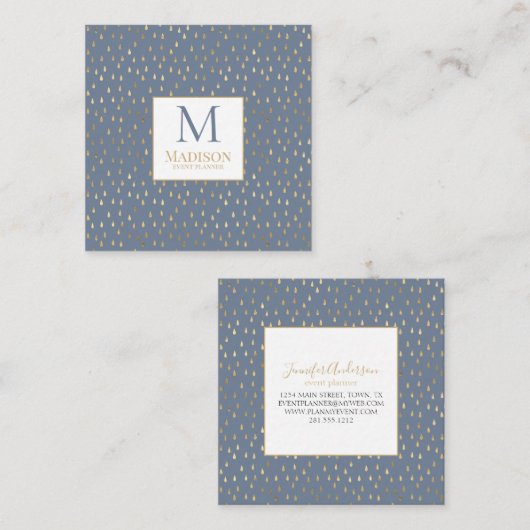 Blue Gold Raindrop Modern Trendy Monogram Vierkante Visitekaartje (Voorkant / Achterkant)