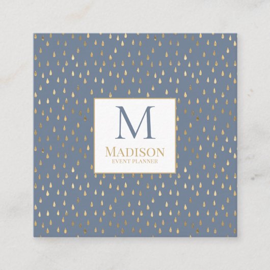 Blue Gold Raindrop Modern Trendy Monogram Vierkante Visitekaartje (Voorkant)