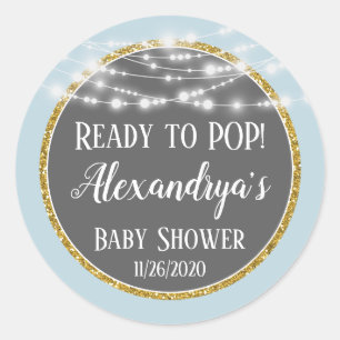 Blue Gold Ready to Pop Baby shower Favor Tags Ronde Sticker
